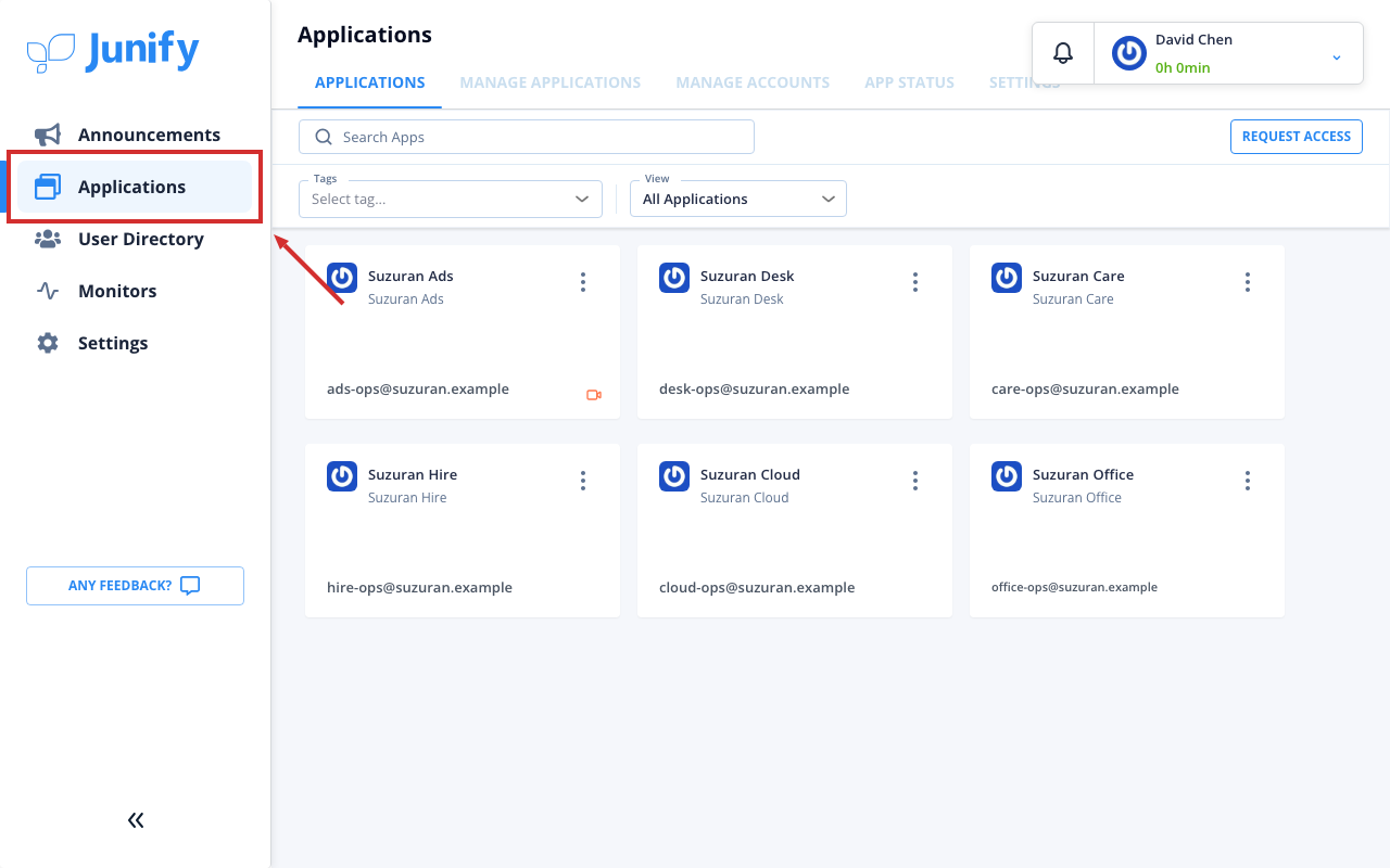 The applications page, with the menu on the left