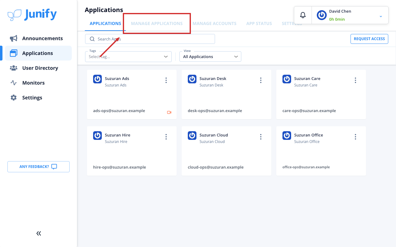 The applications page, with its tabs at the top