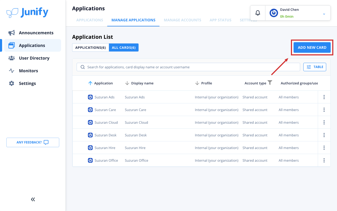 The list of all cards, each with its app, name, and account type