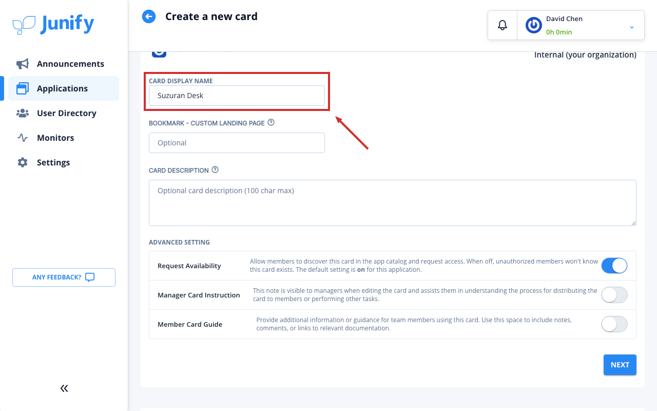 The first part of the new card form, with fields for the card's name and description
