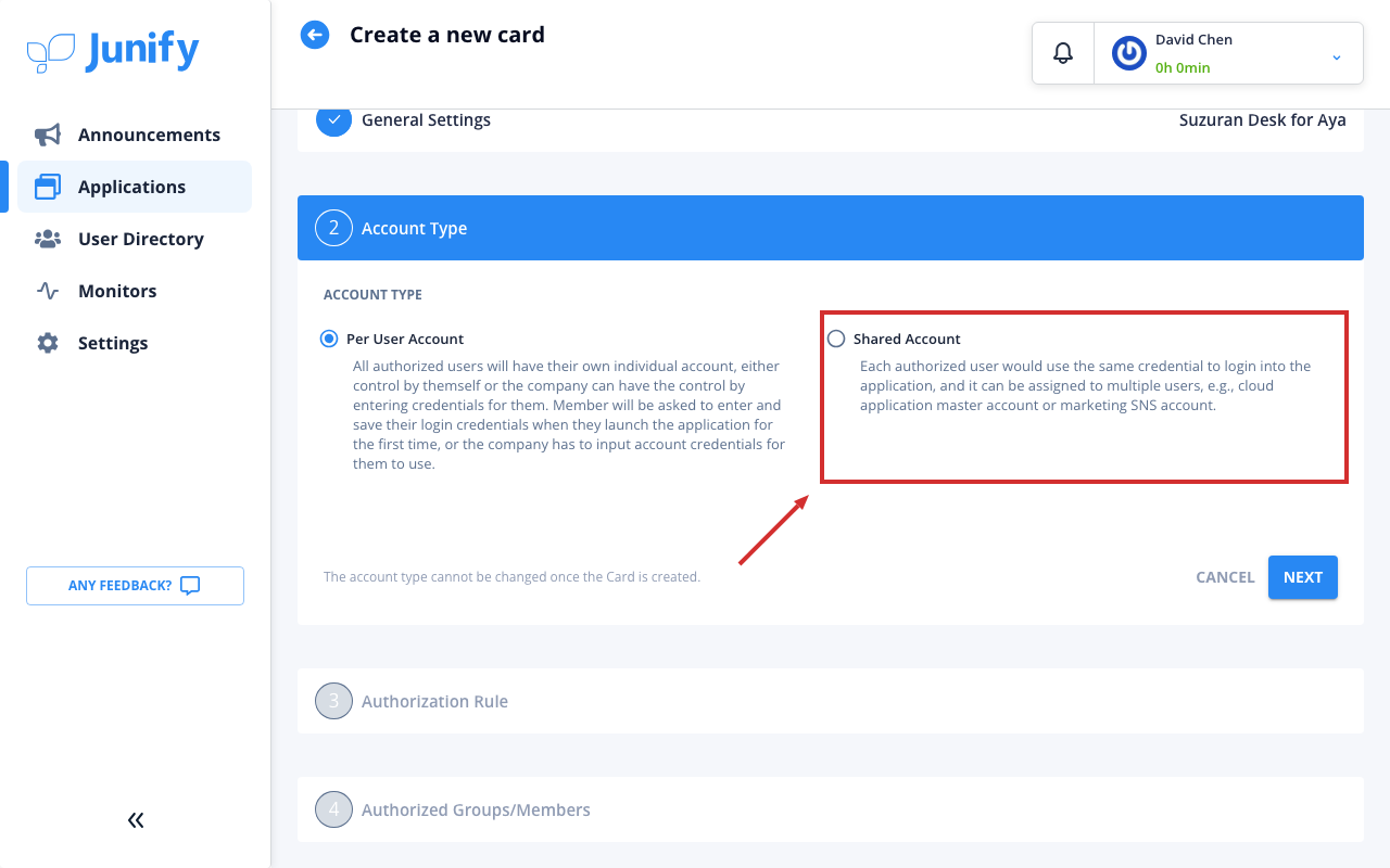 The account type part of the form, with a choice of one account per person or a shared account