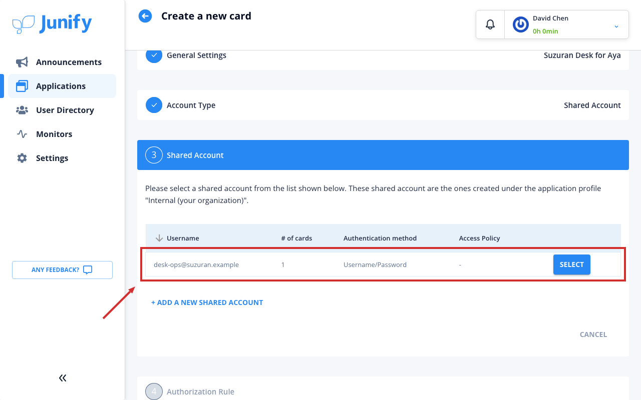 The shared account part of the form, listing the shared accounts you can choose