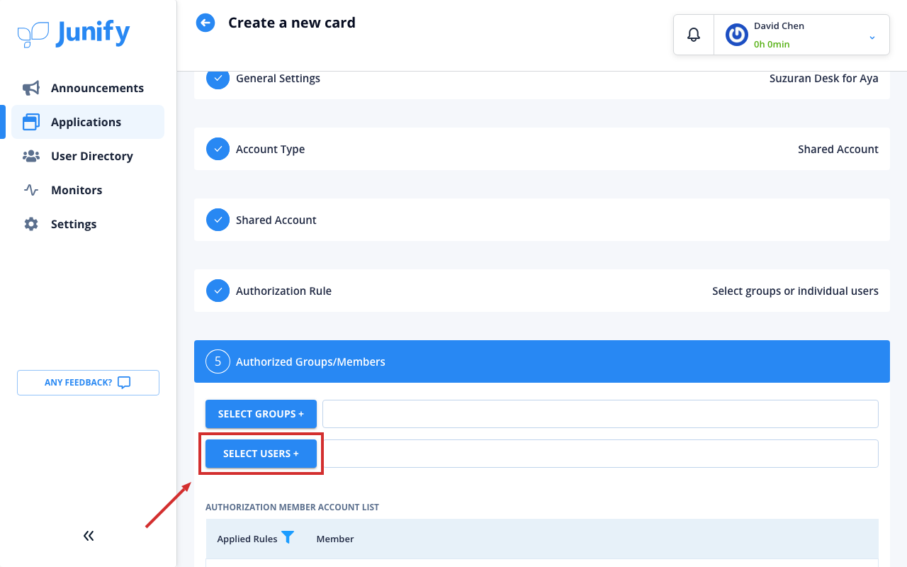 The part of the form for picking groups and people to give the card to