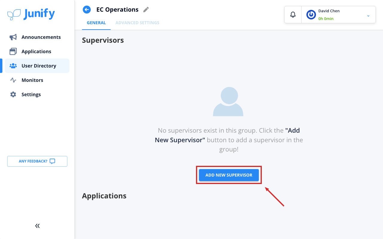 The group's page, showing that the group has no supervisors yet