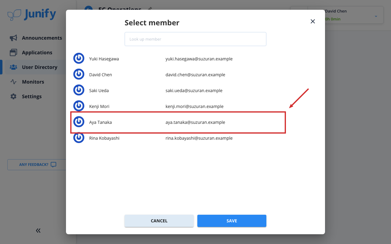 A window for choosing a member, with a list of people