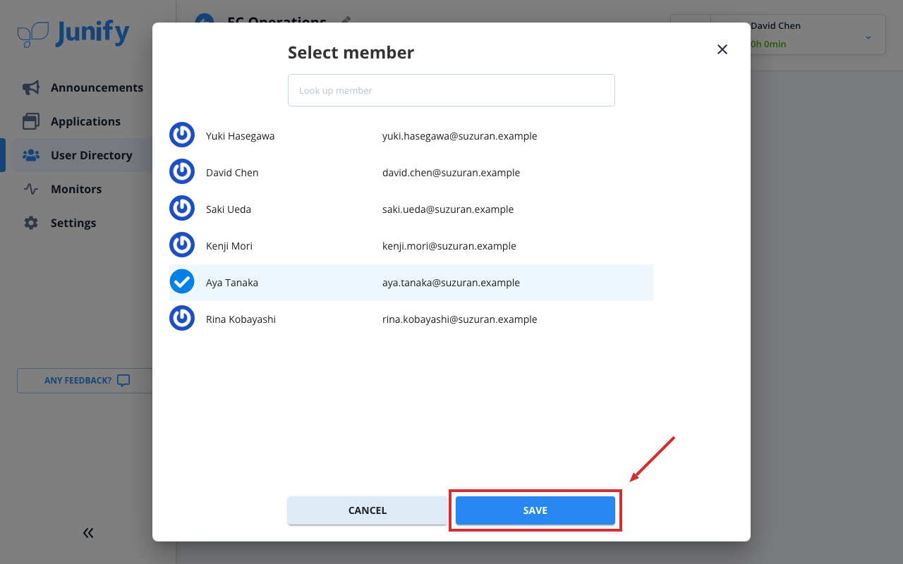 The window for choosing a member, with one person selected