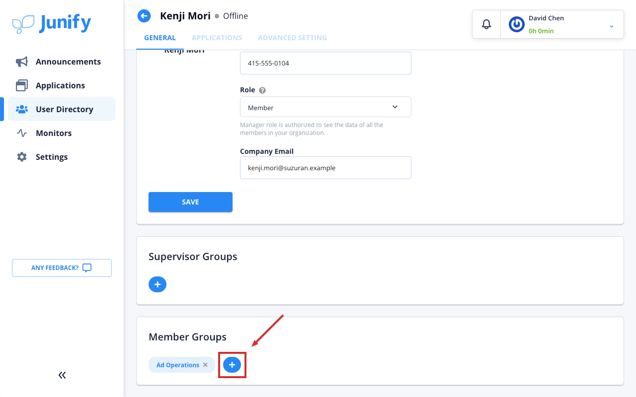 The person's page, scrolled down to the groups they belong to