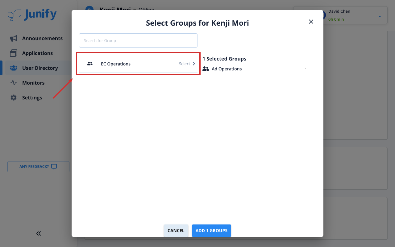 A window for choosing groups, with groups to add on the left and selected groups on the right