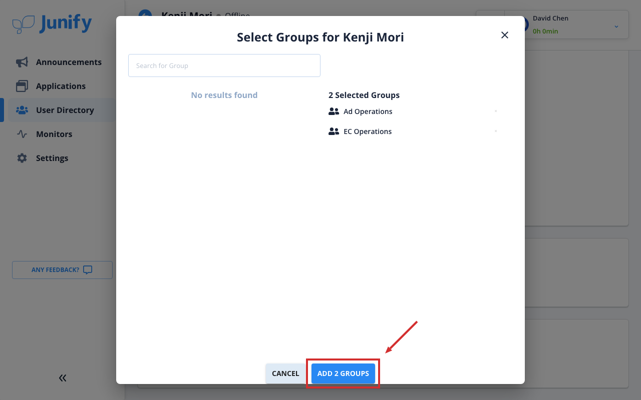 The window for choosing groups, with the new group among the selected groups