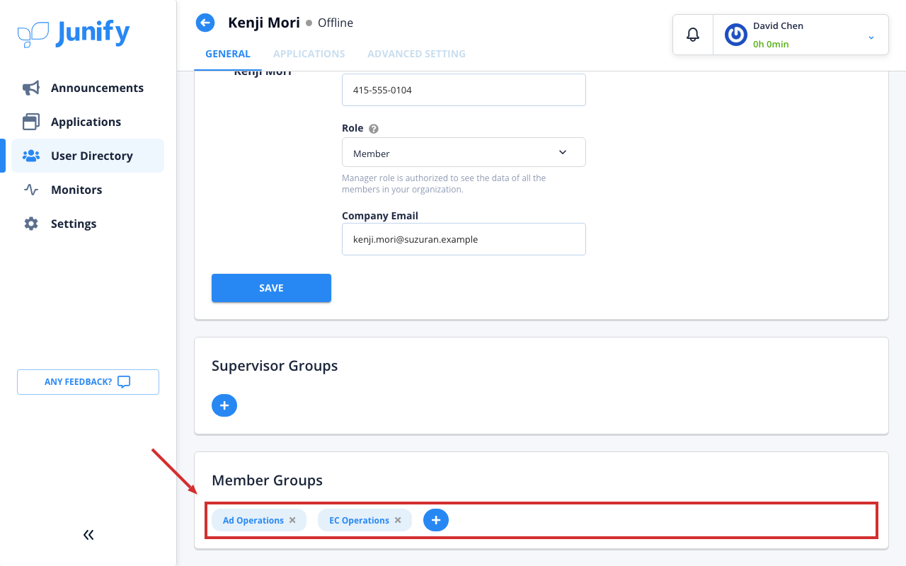 The member groups section of the person's page, listing the groups they belong to