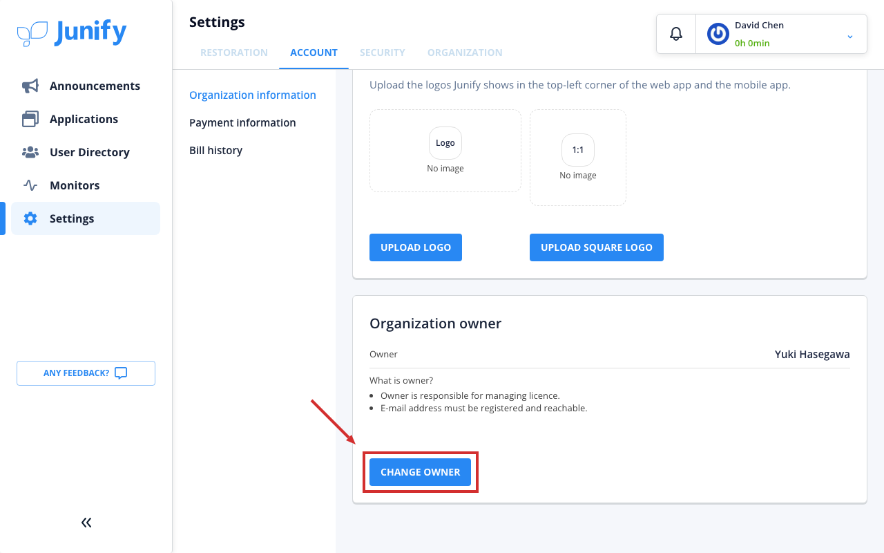 The account tab, scrolled down to the section that shows the current owner
