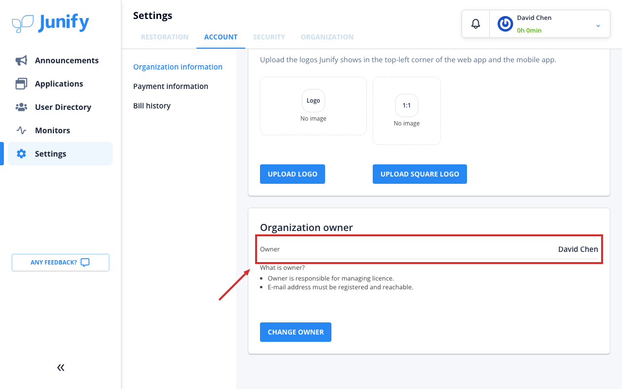 The account tab, with the new owner's name in the owner section
