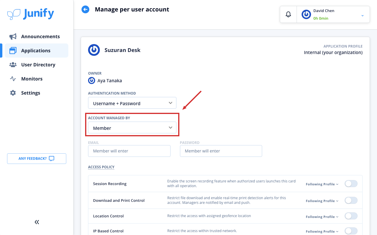 The page for a member's account, showing that the member manages it