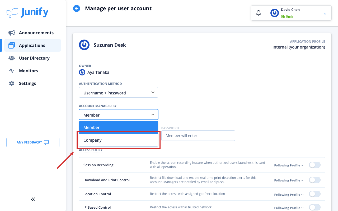 The page for a member's account, with the choice of who manages it open