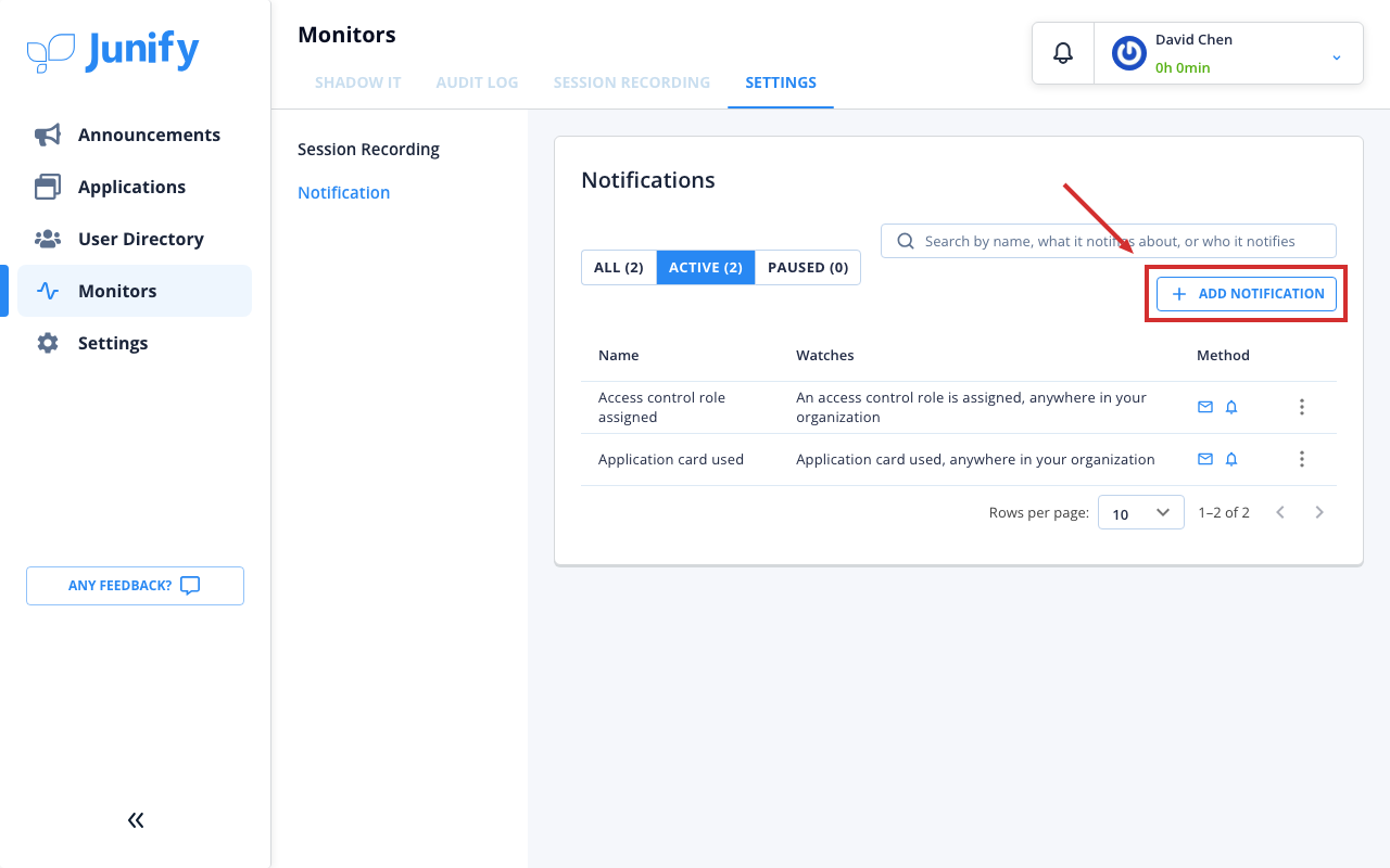 The list of notifications, with a search box and an add button above it