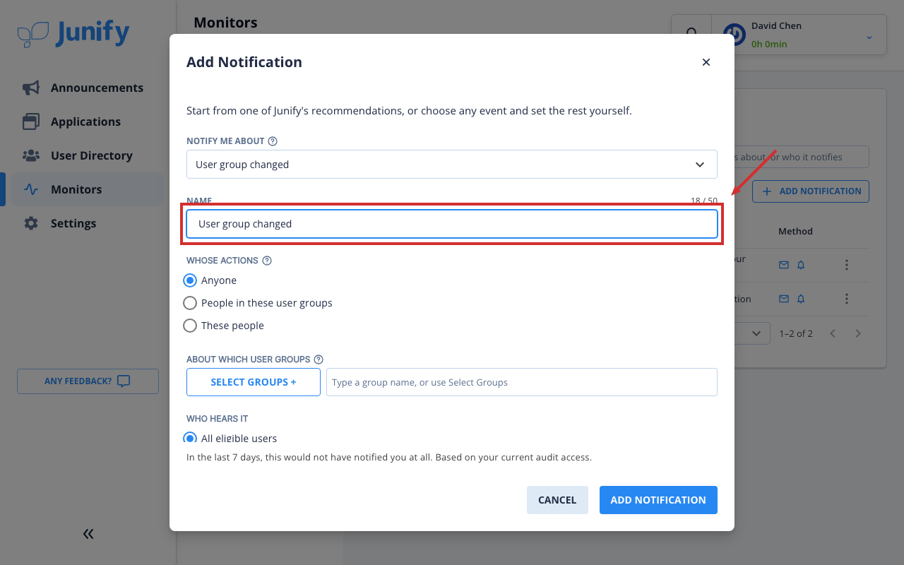 The window after choosing an event, with a suggested name and more settings below it