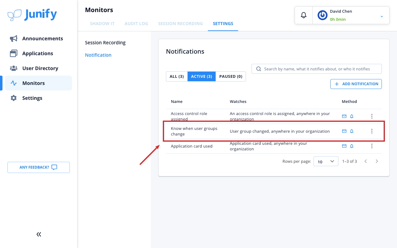 The list of notifications, now including the one you added