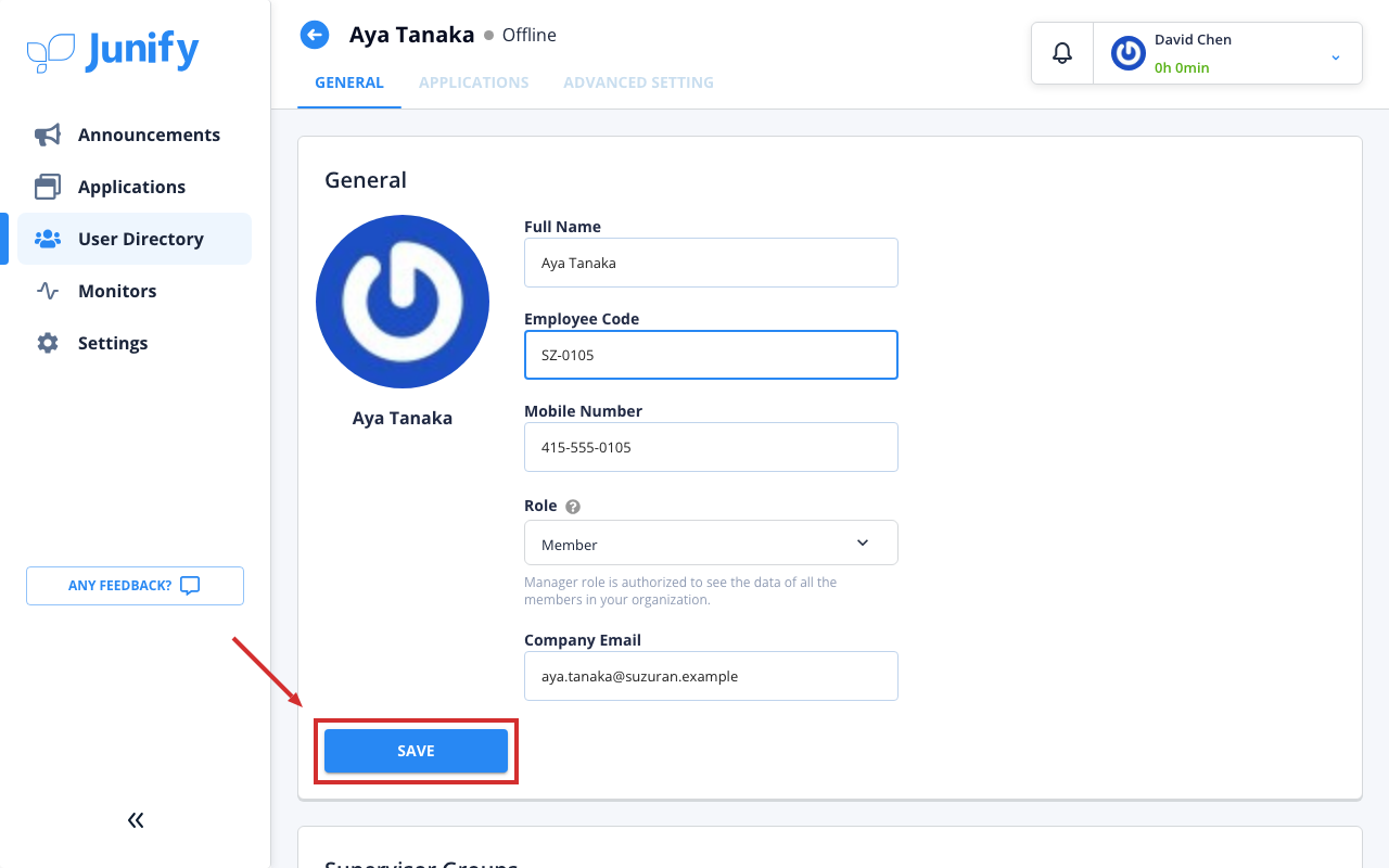 The general details on the person's page, with a new employee code entered