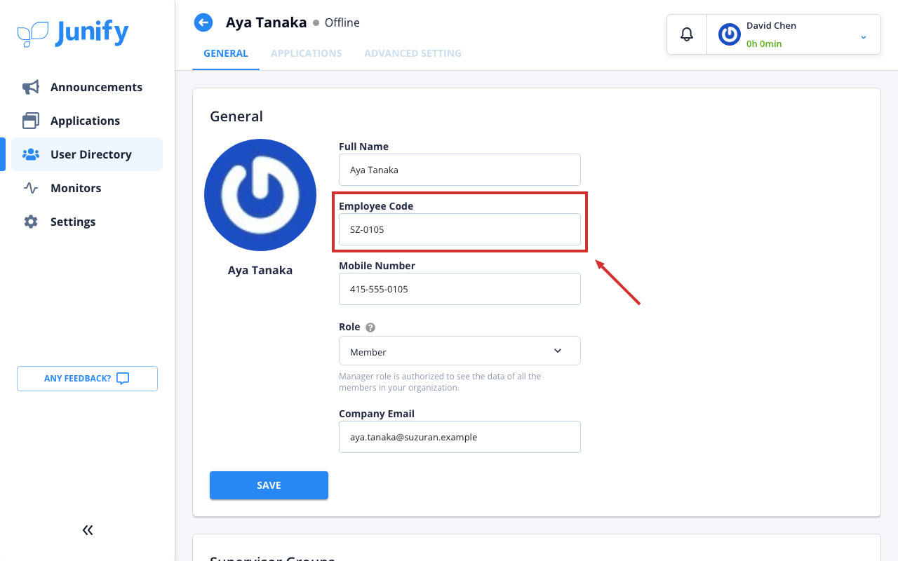 The general details on the person's page after saving, with the new employee code