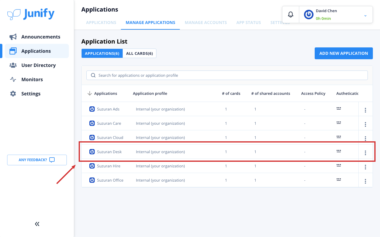 The list of applications you manage, with one row for each app