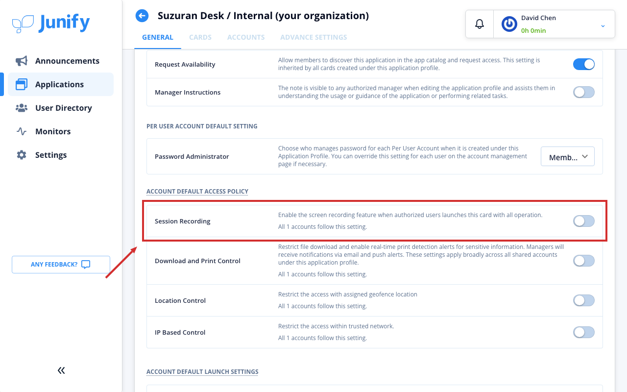 The settings page of an app, with session recording turned off