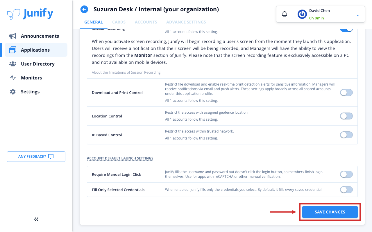The bottom of the app's settings page, after session recording is turned on