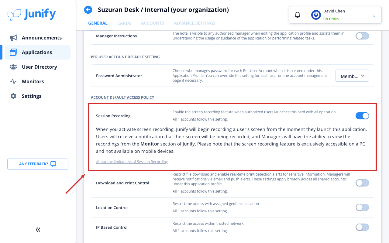 The app's settings page, with session recording turned on