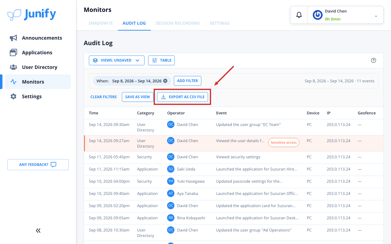 The audit log, with the chosen period shown above the list