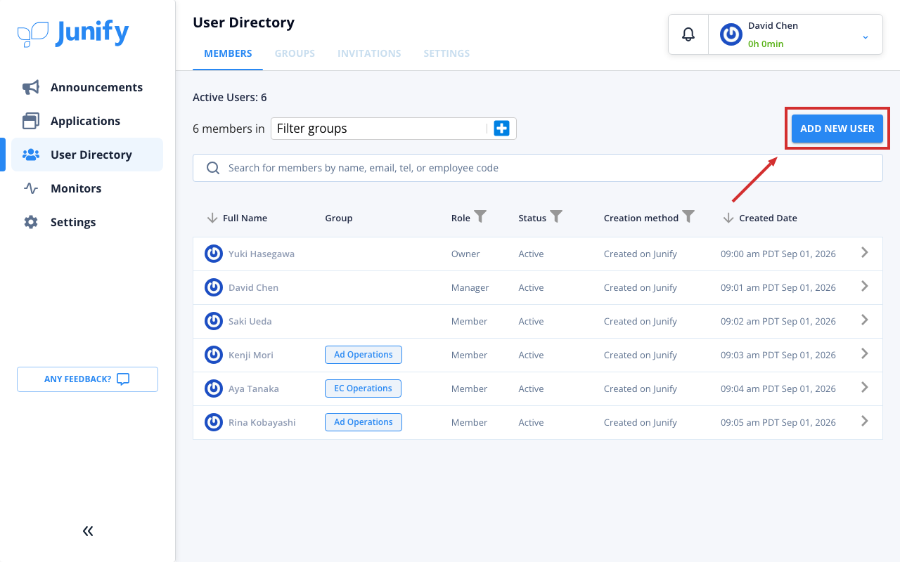 The user directory, showing the list of members