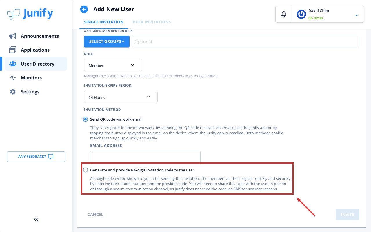 The form for a new user, further down, showing the two ways to invite the person