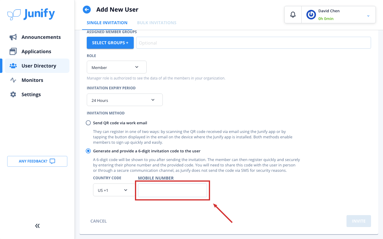 The form with the 6-digit code option chosen and the mobile number still empty