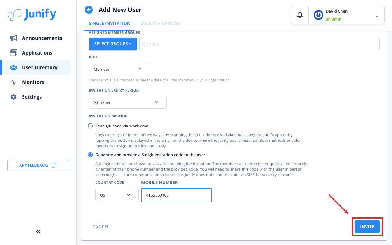 The bottom of the form for a new user, with a mobile number entered