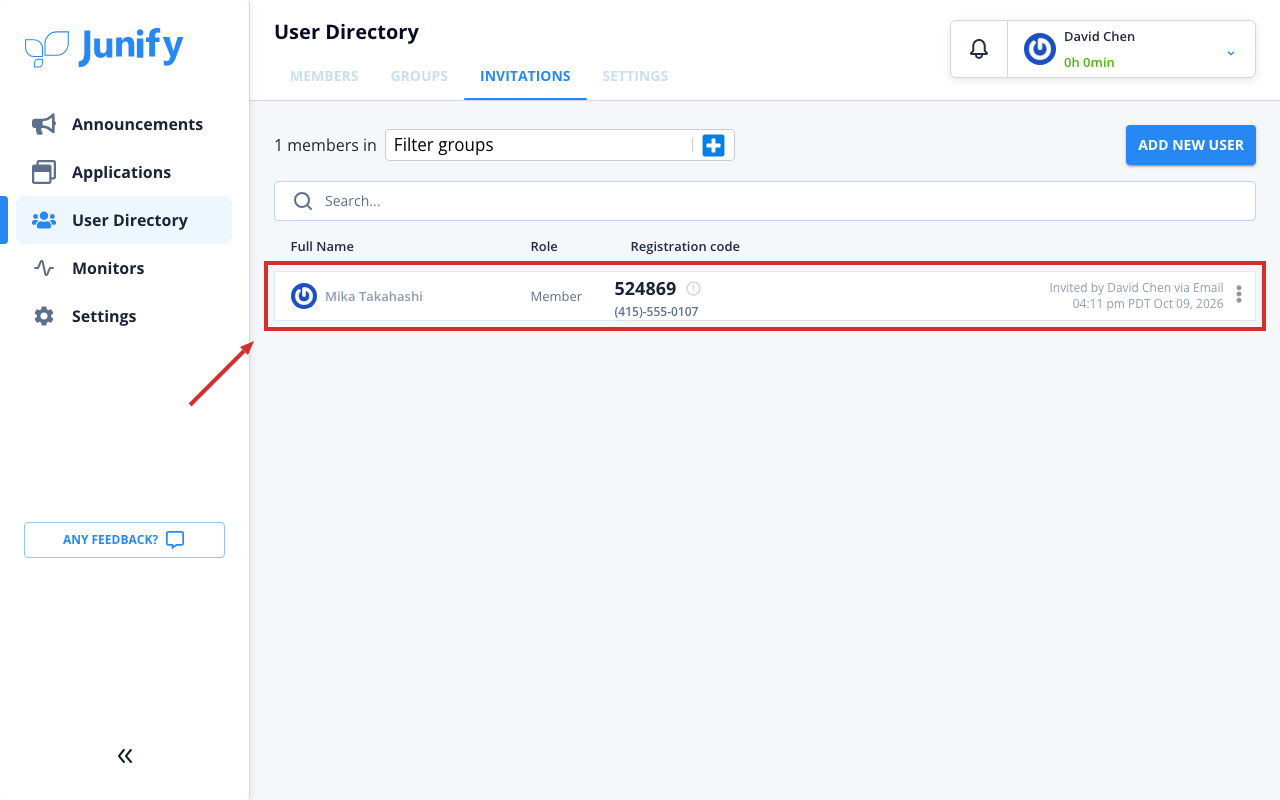The list of invitations, showing the new invitation with its code and mobile number