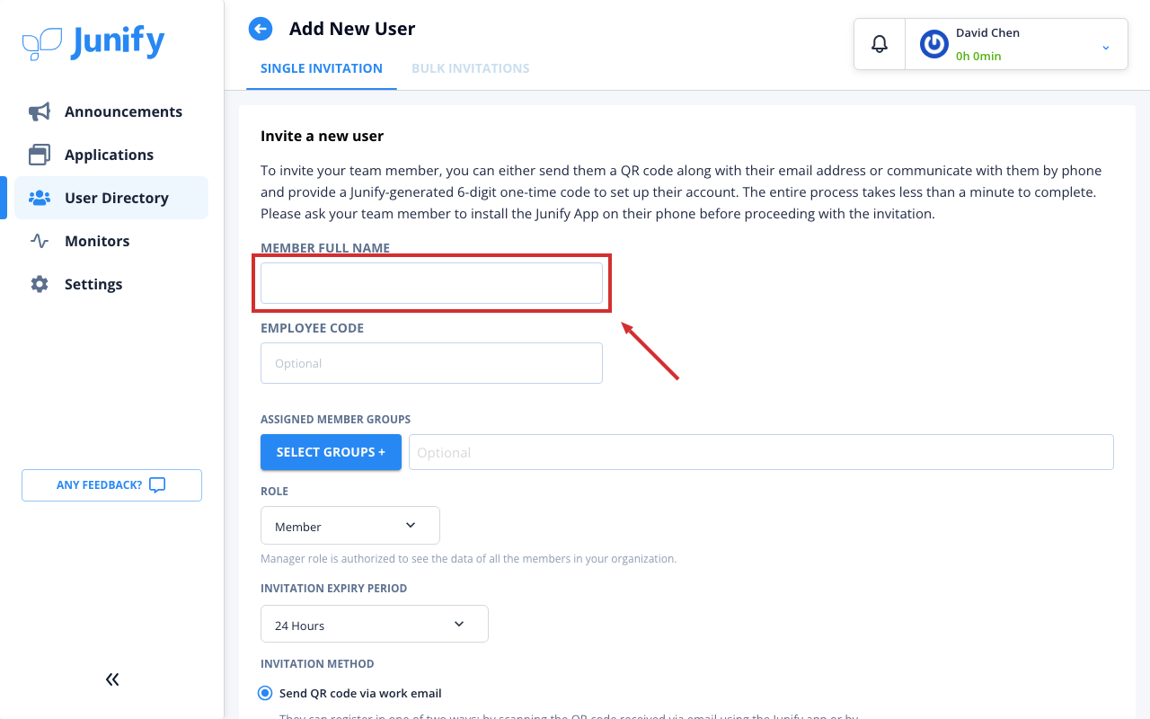 The empty form for adding a new user