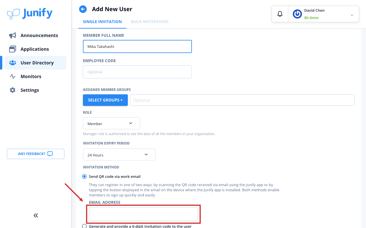 The form for a new user, with a name entered and the email address still empty