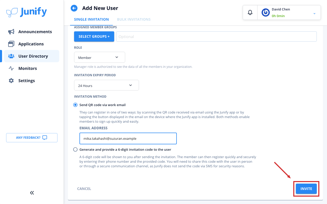 The bottom of the form for a new user, with a work email address entered