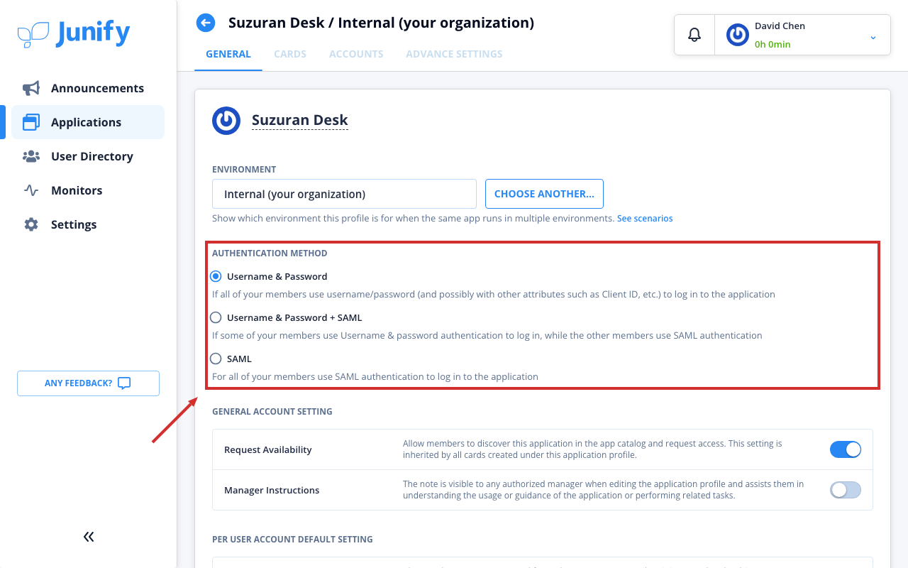 The app's page, showing how members log in and other settings for the app
