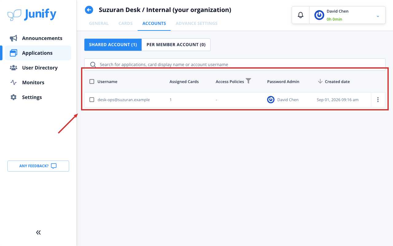 The app's shared accounts, with a button to switch to each member's own accounts