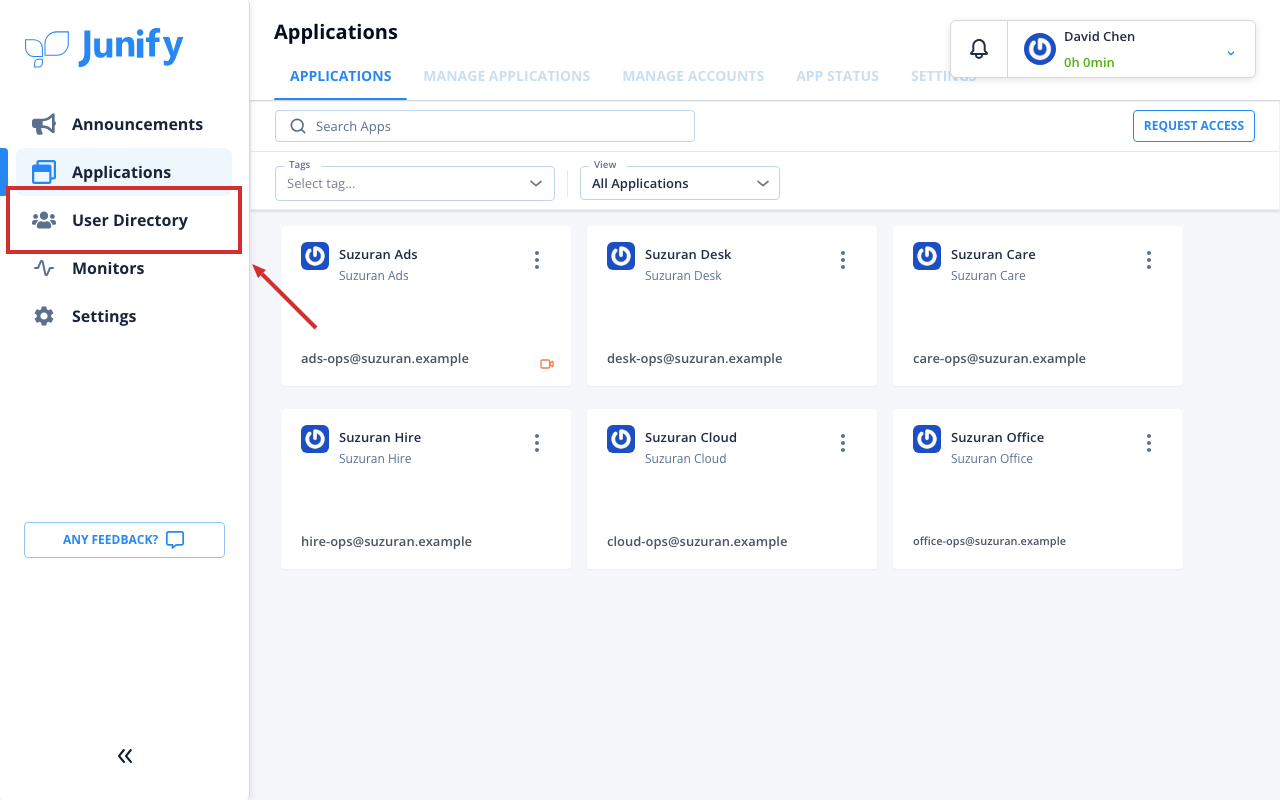 The applications page, with the menu on the left