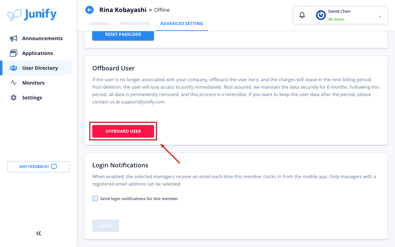 The advanced settings of the person's page, with the section for offboarding