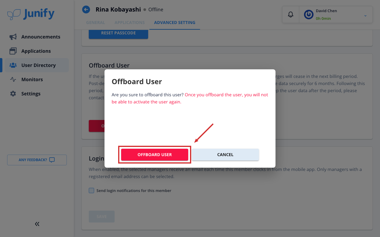 A confirmation that asks whether to offboard the person, with a warning that this cannot be undone