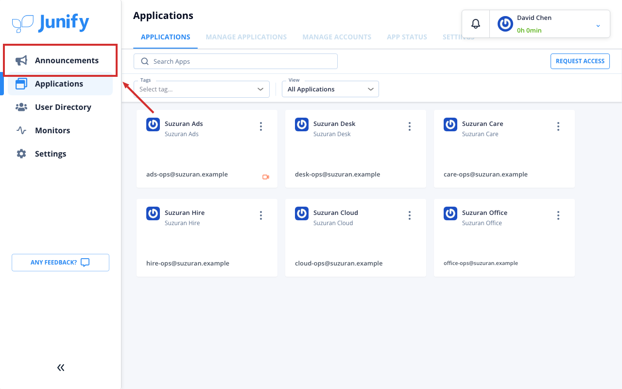The applications page, with the menu on the left
