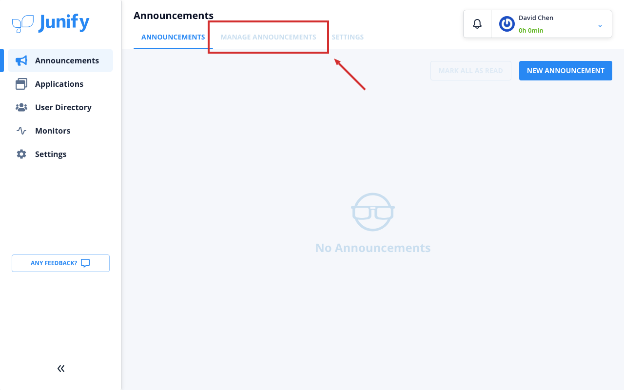 The announcements page, with its tabs at the top