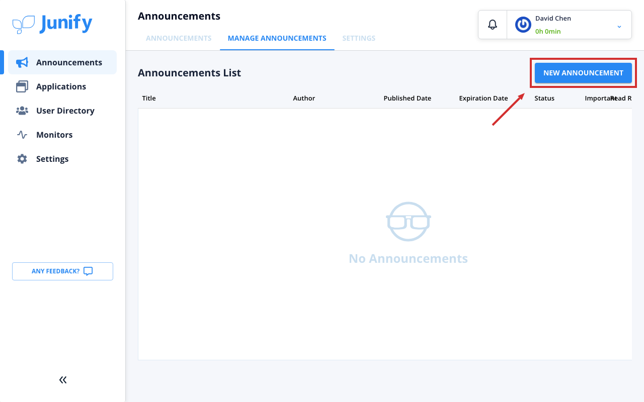 The tab for managing announcements, with an empty list