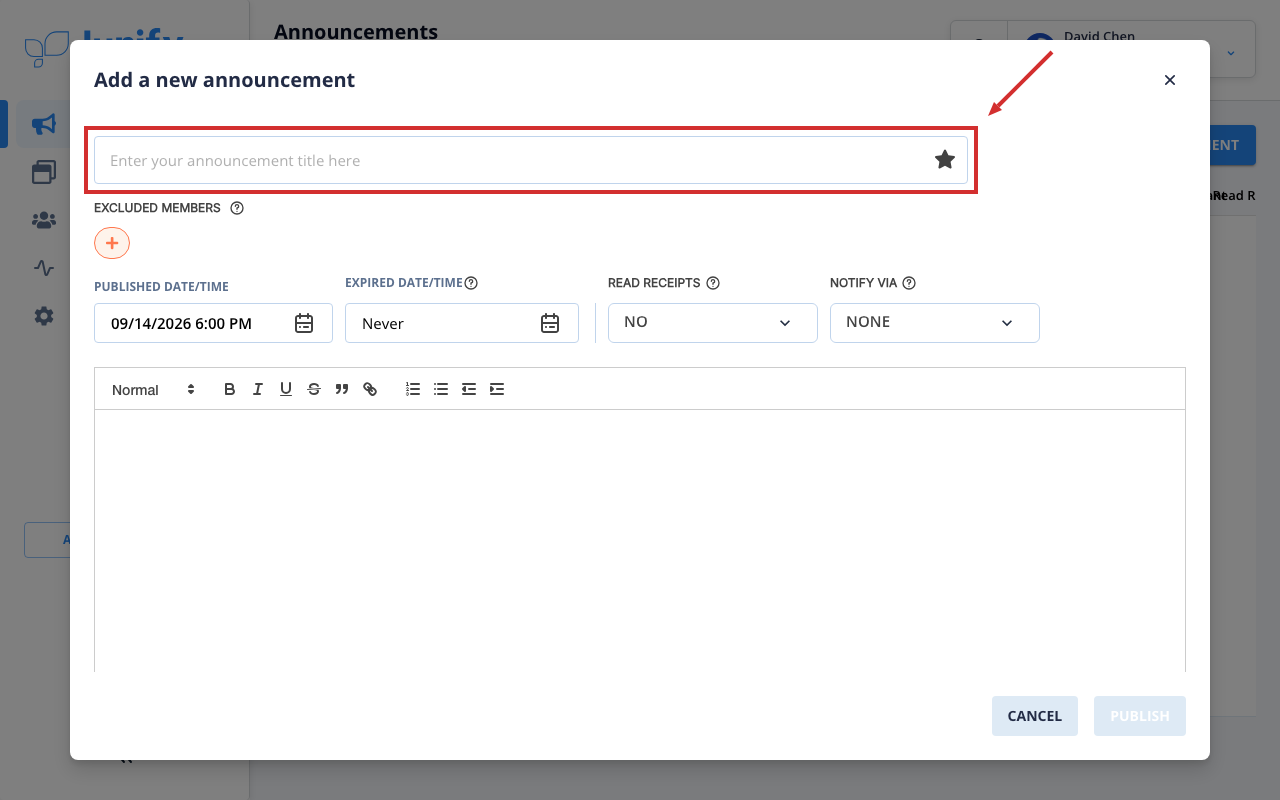 The form for a new announcement, with the title box and the text box still empty