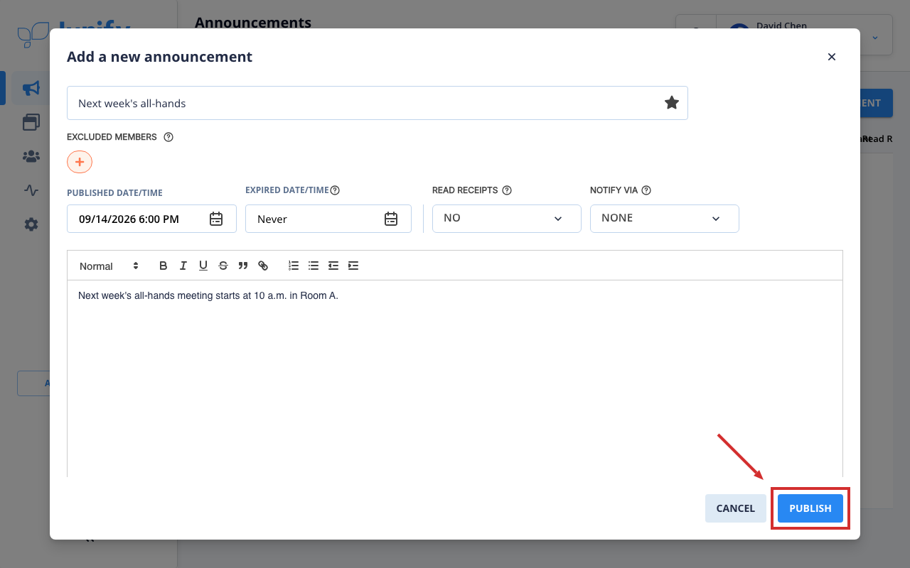 The form for a new announcement, with a title and text entered