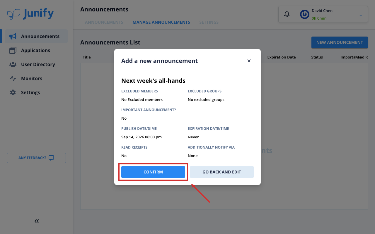 A summary of the new announcement and its settings, shown before it is published