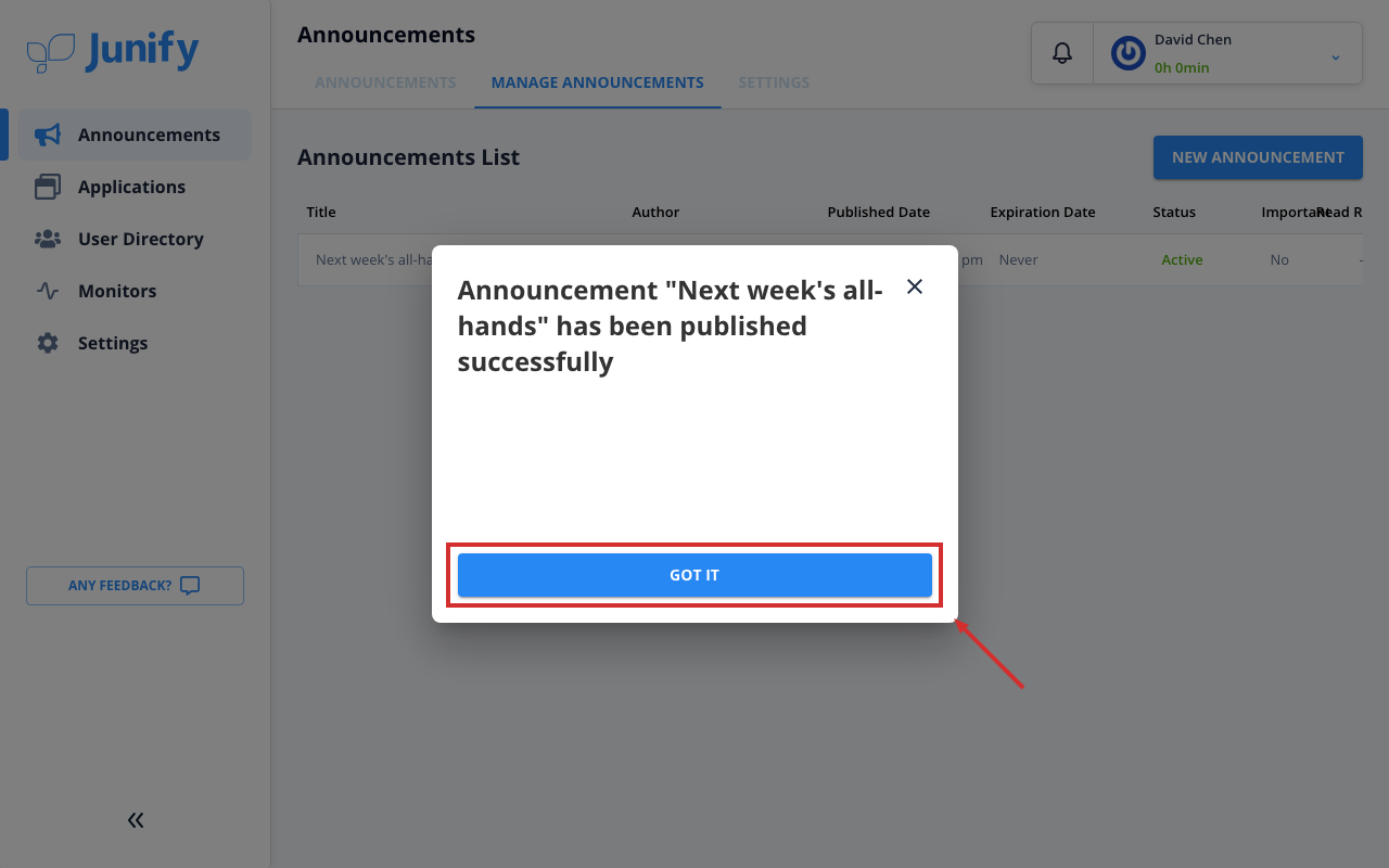 A message saying that the announcement has been published