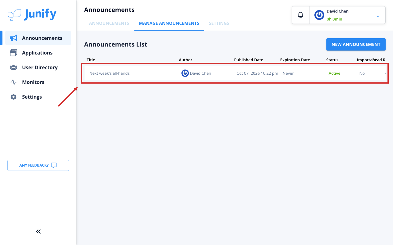 The list of announcements you manage, with the new announcement in it