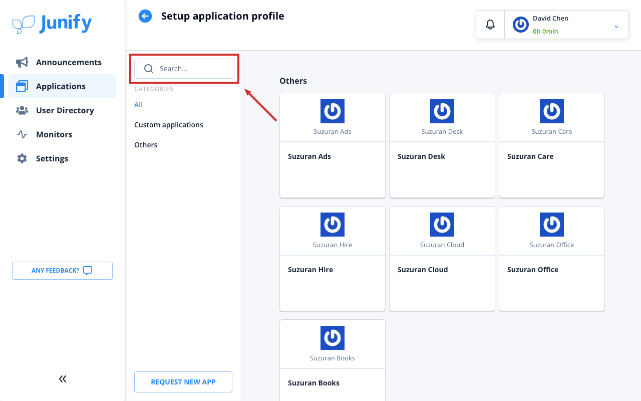 A page for choosing an app, with a search box and the apps shown as tiles
